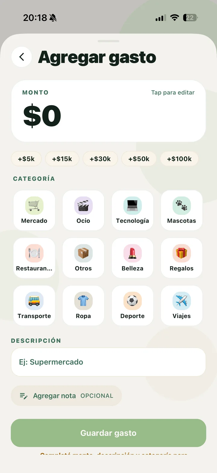 Agregar gasto: un monto, una categoría, listo.