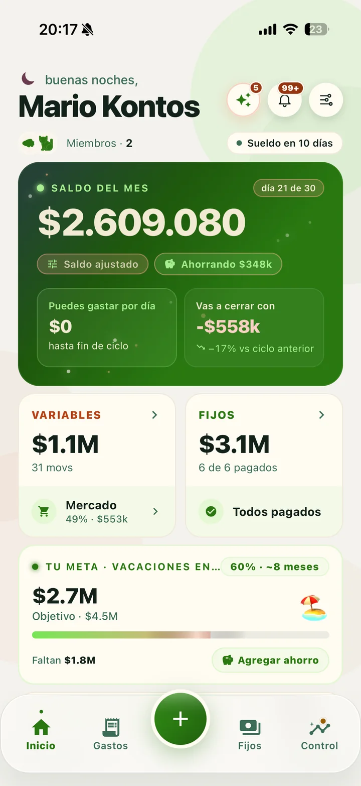 Inicio: el saldo del mes del hogar y cuánto se puede gastar hoy.